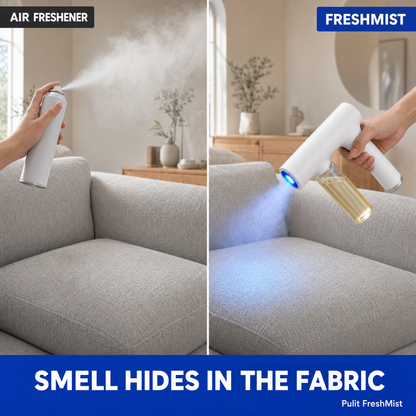 Air freshener sprays into the air while FreshMist mists right into the sofa fabric