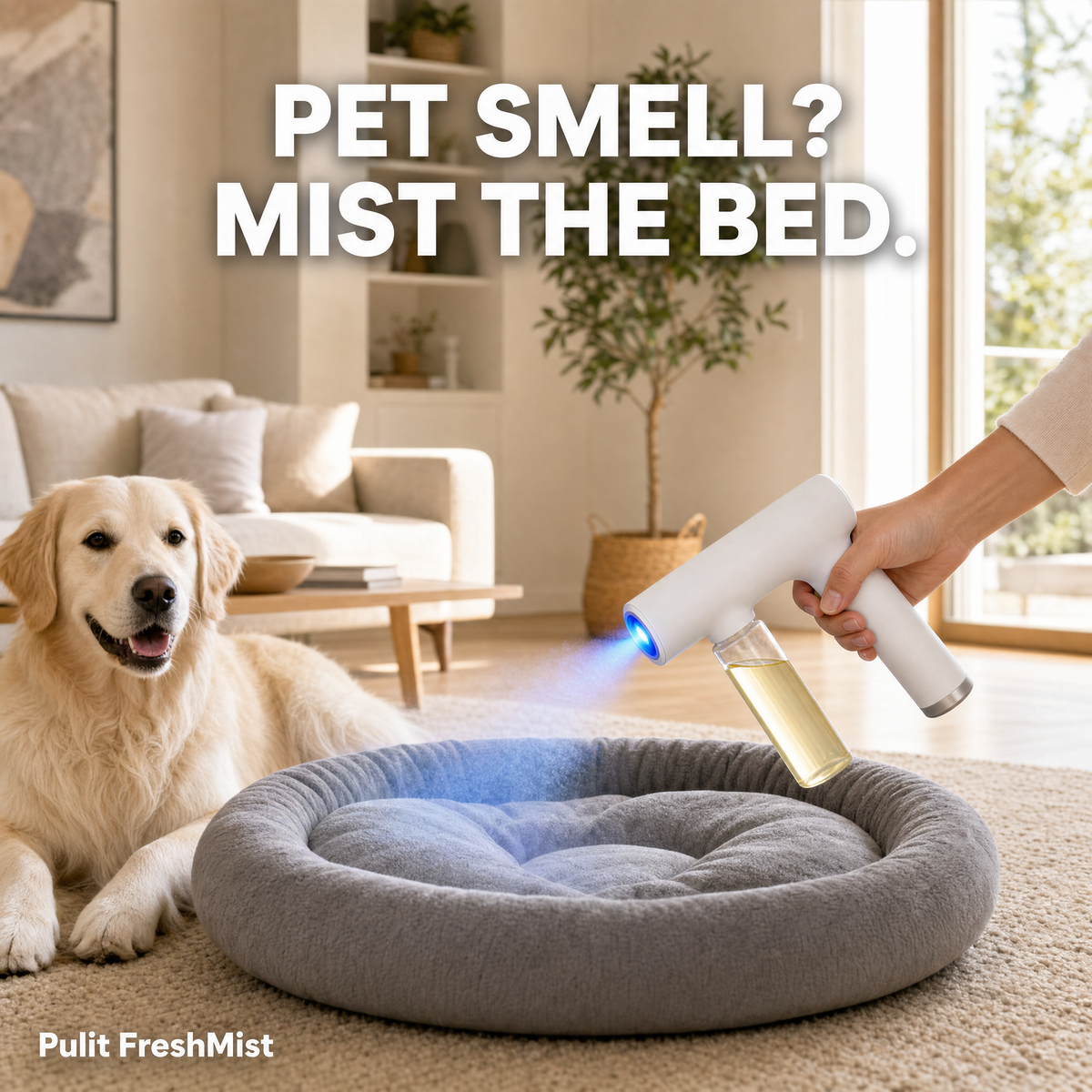 Misting a dog bed with FreshMist while the dog watches