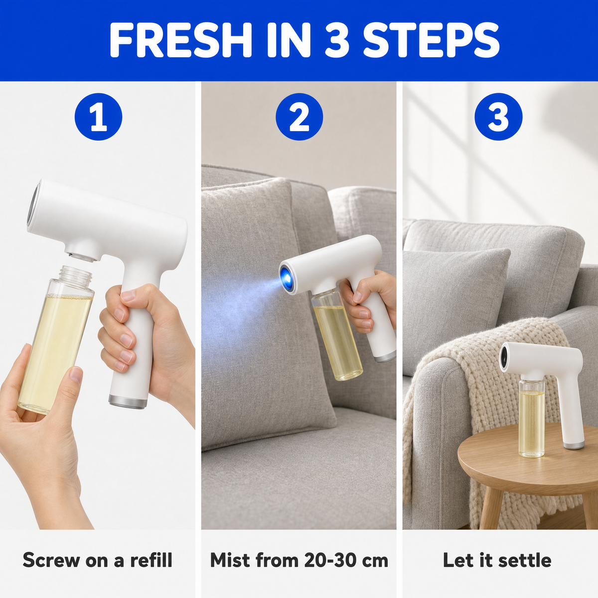 How to use FreshMist: screw on a refill, mist from 20-30 cm, let it settle