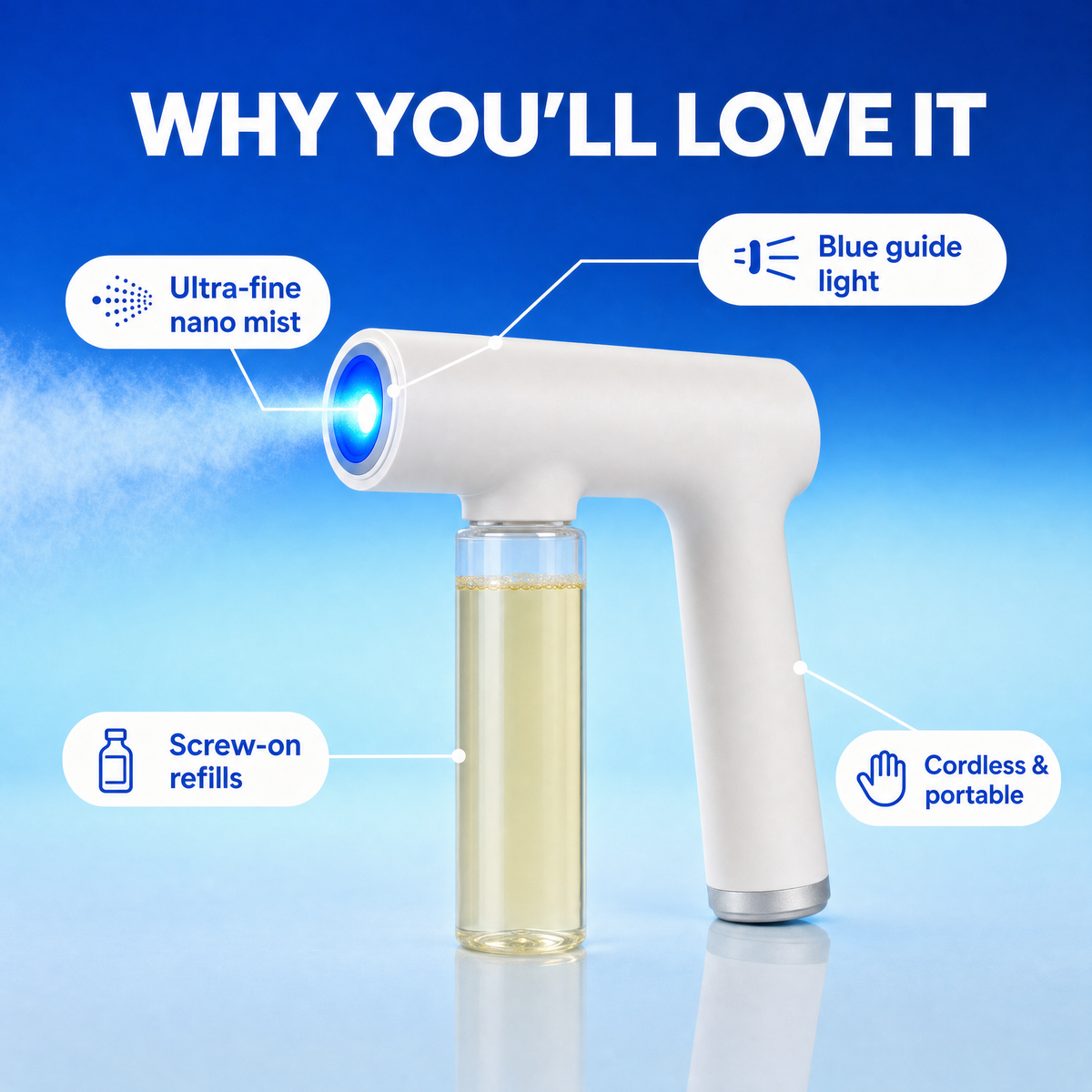 FreshMist features: ultra-fine nano mist, blue guide light, screw-on refills, cordless and portable