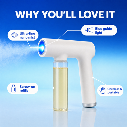 FreshMist features: ultra-fine nano mist, blue guide light, screw-on refills, cordless and portable