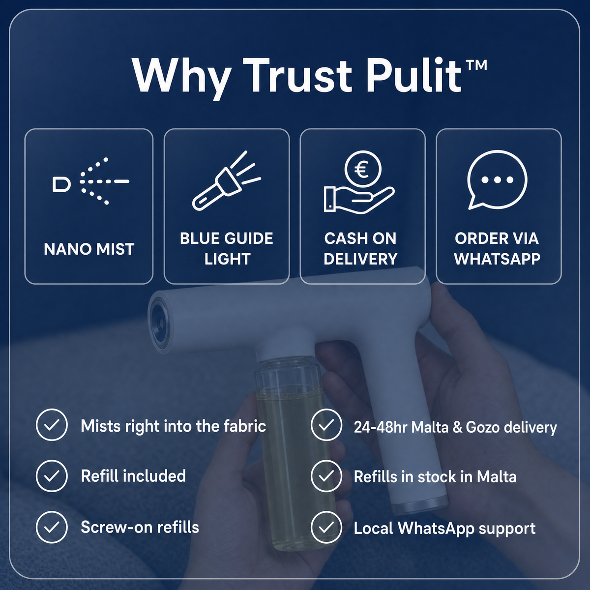 Why trust Pulit: nano mist, blue guide light, cash on delivery, order via WhatsApp
